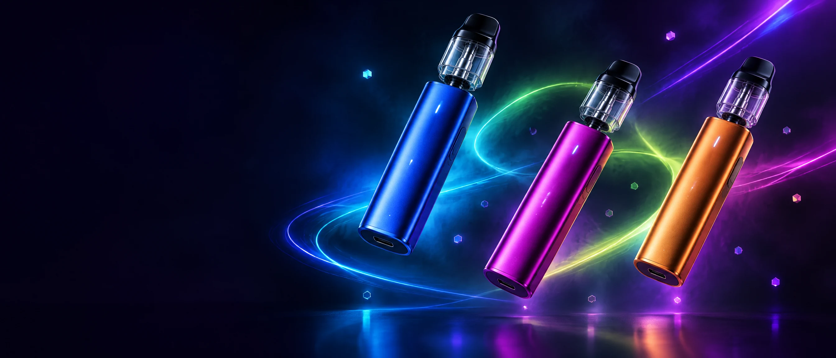 Trois systèmes à pods rechargeables Orivo, dans un studio multicolore
